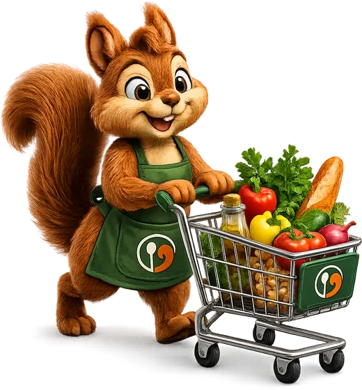 The mascot pushing a trolley full of fresh vegetables.